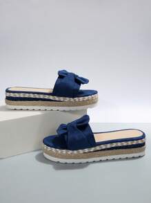 新款女式時尚楔形跟厚底舒適拖鞋，黑色 - 藍色 - 查看 3