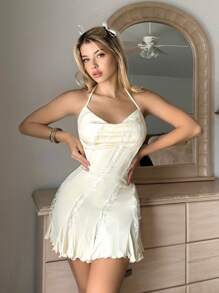 Sweetina Solid Lace Trim Halter Dress - Apricot - View 4