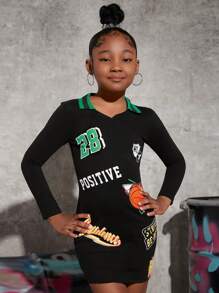 SHEIN Tween Girl Letter And Graphic Print Half Zip Front Dress - Black - View 1