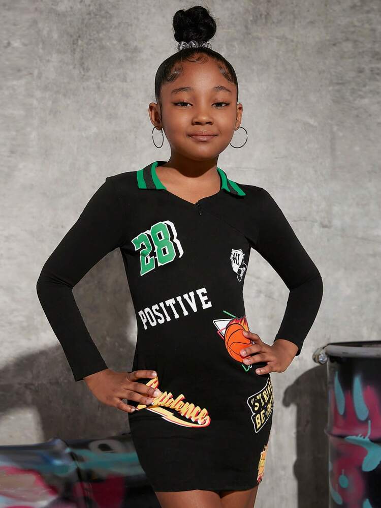 Tween Girl Letter And Graphic Print Half Zip Front Dress