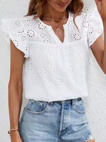 SHEIN Frenchy 缺口領蝴蝶袖網眼刺繡襯衫 - 白色 - 查看 2