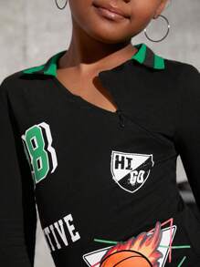 SHEIN Tween Girl Letter And Graphic Print Half Zip Front Dress - Black - View 3