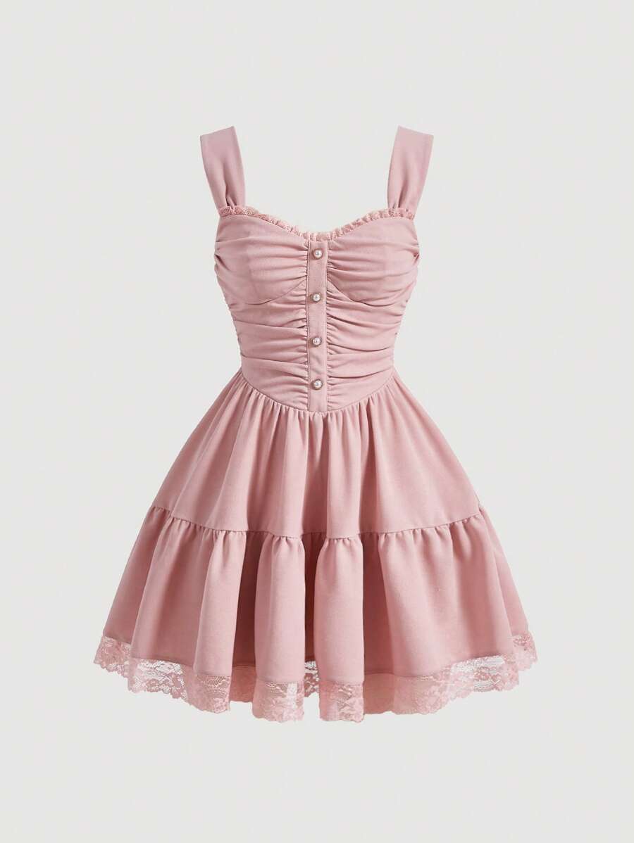 SHEIN MOD Vestido de tirantes con encaje en contraste fruncido bajo con fruncido - Rosa vieja - Ver 1