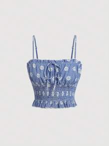 SHEIN MOD Áo khoác và áo lót dành cho xe tăng nữ viền lá sen Viên lá sen Dải chun Thắt nơ trước Hoa Kẻ sọc Boho - Màu xanh lam - Xem 1