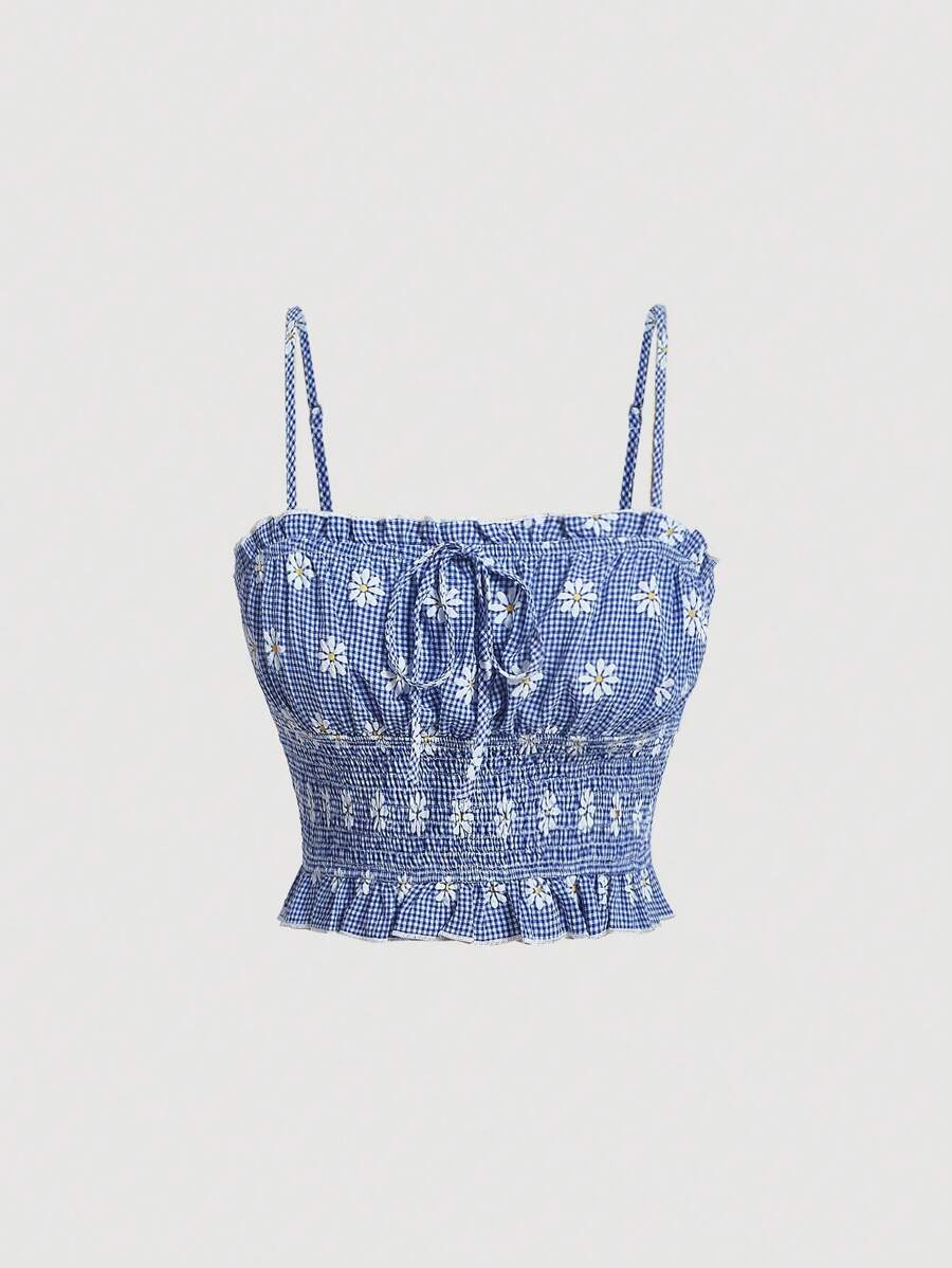 SHEIN MOD Áo khoác và áo lót dành cho xe tăng nữ viền lá sen Viên lá sen Dải chun Thắt nơ trước Hoa Kẻ sọc Boho - Màu xanh lam - Xem 1