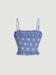 SHEIN MOD Áo khoác và áo lót dành cho xe tăng nữ viền lá sen Viên lá sen Dải chun Thắt nơ trước Hoa Kẻ sọc Boho - Màu xanh lam - Xem 2