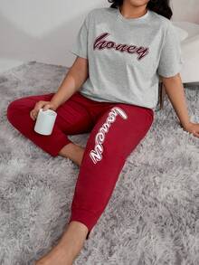 Plus Letter Graphic Tee & Joggers PJ Set - Multicolor - View 3