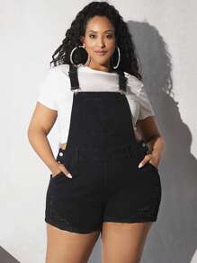 SHEIN CURVE+ Plus Ripped Raw Hem Denim Dungaree Romper Without Tee - Black - View 4