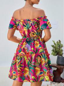 SHEIN VCAY Vestido con estampado tropical de hombros descubiertos con nudo delantero bajo con fruncido - Multicolor - Ver 2
