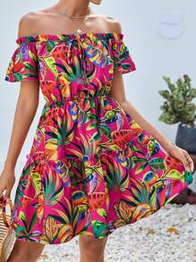 SHEIN VCAY Vestido con estampado tropical de hombros descubiertos con nudo delantero bajo con fruncido - Multicolor - Ver 3