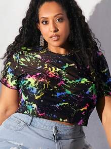 SHEIN CURVE+ Plus Splash Ink Print Mesh Crop Top - Multicolor - View 1