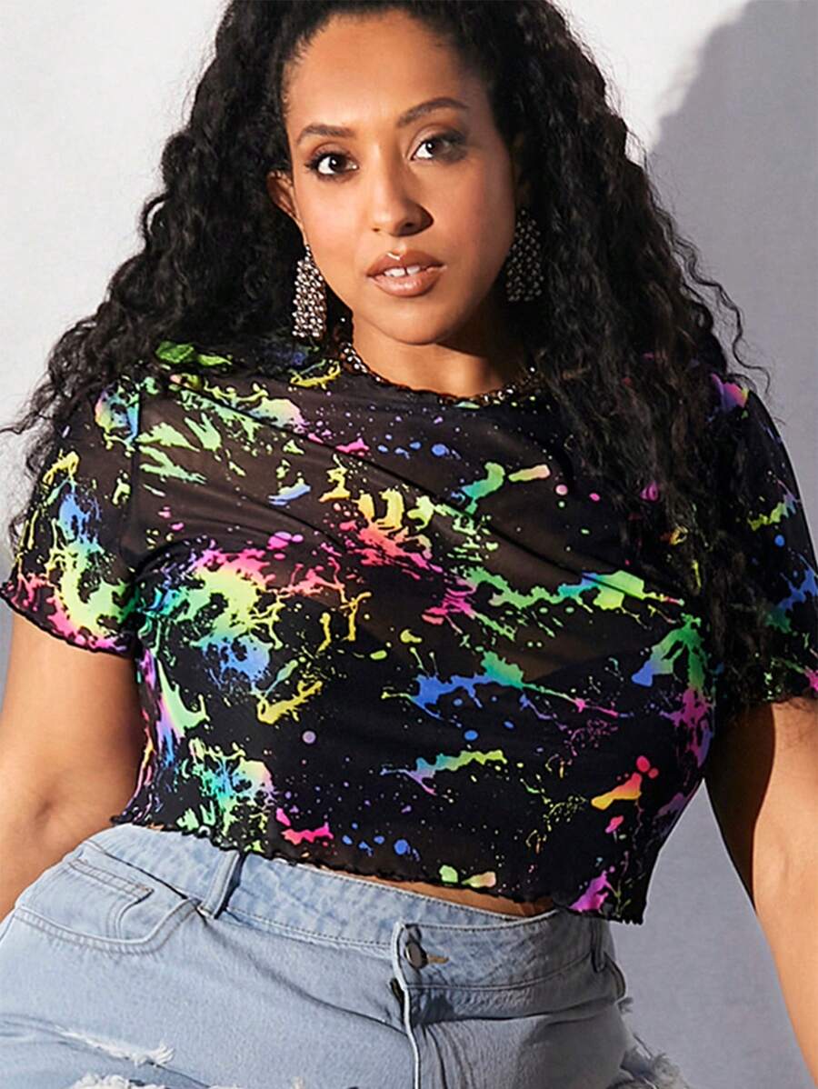 SHEIN CURVE+ Plus Splash Ink Print Mesh Crop Top - Multicolor - View 1