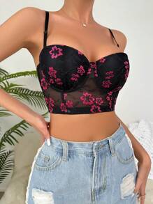 Floral Embroidery Mesh Underwire Bra, Lingerie - Black - View 5