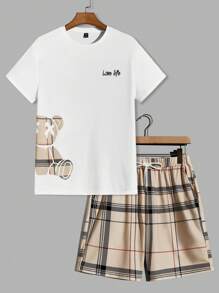 Manfinity RebelGame Nam Bông Đồ họa chữ cái & Gấu Áo thun & In kẻ sọc Quần short - trắng - Xem 1