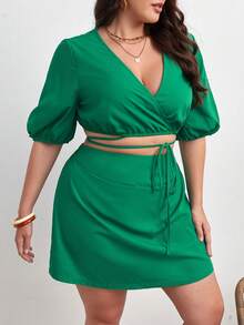 SHEIN VCAY Plus Solid Tie Front Top & Skirt - Green - View 4