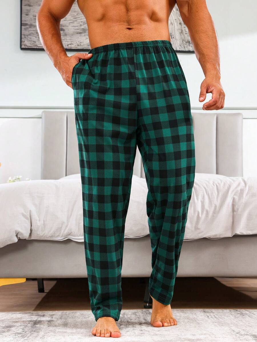 Extended Sizes 男士格子圖案斜口袋睡褲