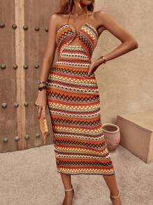 SHEIN VCAY Đầm Lộ Lưng Cắt ra Buộc lại Hình học Giải trí - Nhiều màu - Xem 1