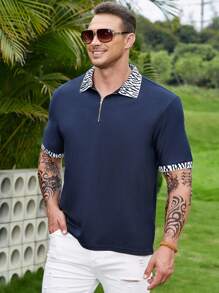 Manfinity Homme Áo thun có cổ Nam Dây kéo Hình học Giải trí - Màu xanh hải quân - Xem 5