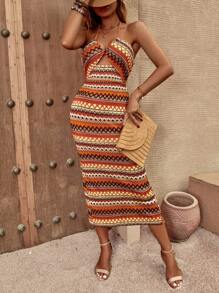 SHEIN VCAY Đầm Lộ Lưng Cắt ra Buộc lại Hình học Giải trí - Nhiều màu - Xem 5