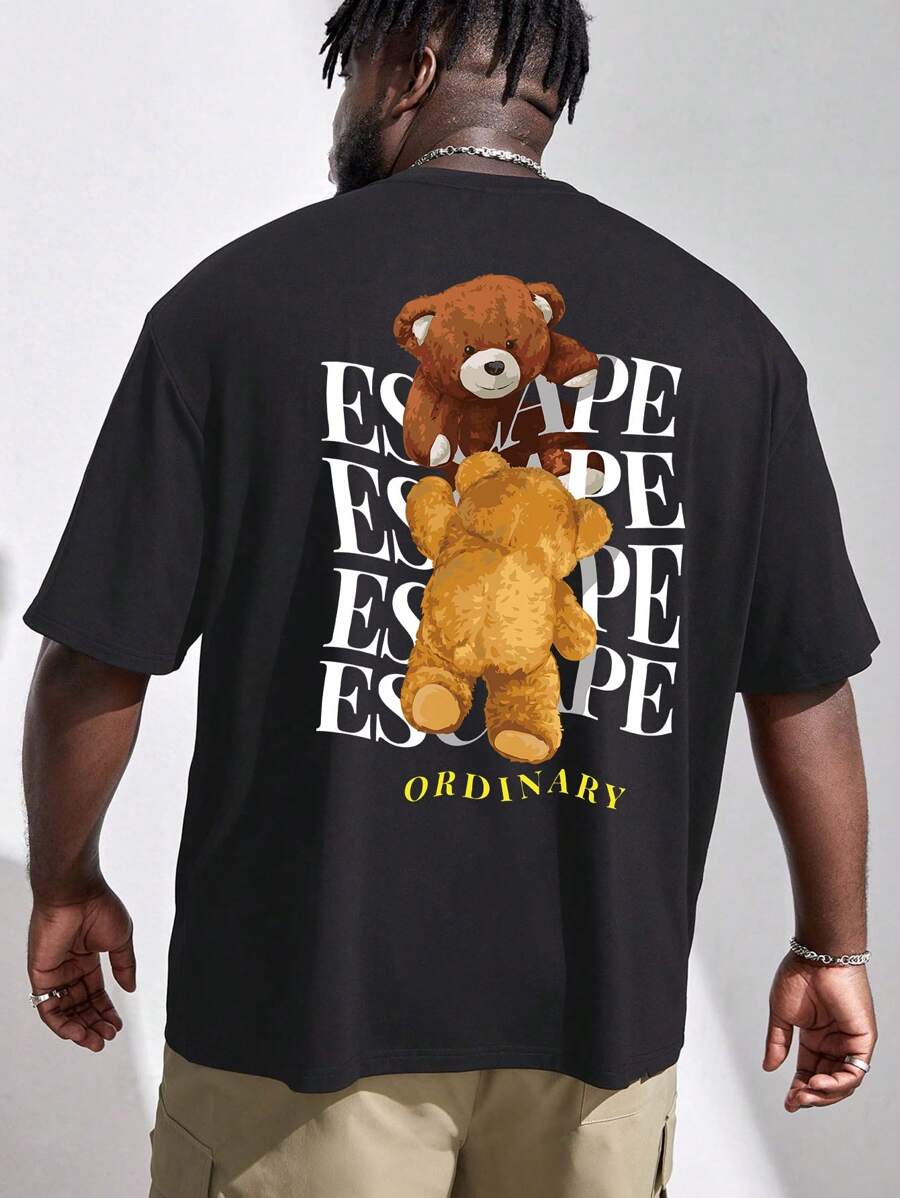 Manfinity RebelGame Men Plus Cotton Bear & Letter Graphic Tee - Black - View 1