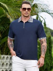 Manfinity Homme Áo thun có cổ Nam Dây kéo Hình học Giải trí - Màu xanh hải quân - Xem 7