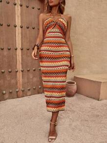 SHEIN VCAY Đầm Lộ Lưng Cắt ra Buộc lại Hình học Giải trí - Nhiều màu - Xem 6