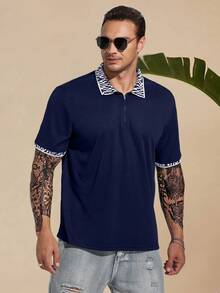 Manfinity Homme Áo thun có cổ Nam Dây kéo Hình học Giải trí - Màu xanh hải quân - Xem 8