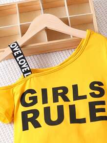 SHEIN 女孩字母圖案不對稱領T恤和拼接側邊接縫衛褲 - 黃色 - 查看 5