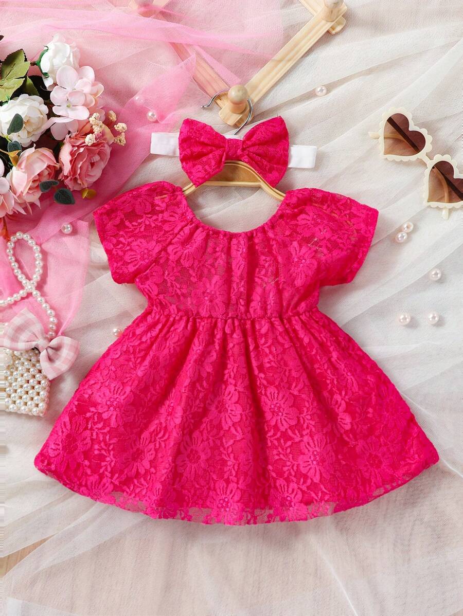 SHEIN 嬰兒攝影後綁帶蝴蝶結蕾絲連衣裙附髮帶 - 玫紅色 - 查看 1