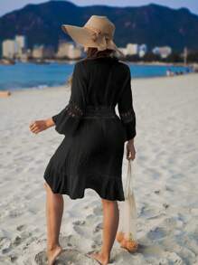 Swim Vcay Summer Beach Guipure Lace Insert Flounce Sleeve Ruffle Hem Kimono