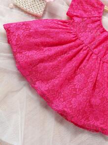 SHEIN 嬰兒攝影後綁帶蝴蝶結蕾絲連衣裙附髮帶 - 玫紅色 - 查看 3