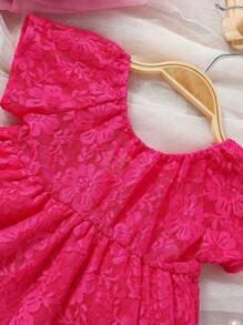 SHEIN 嬰兒攝影後綁帶蝴蝶結蕾絲連衣裙附髮帶 - 玫紅色 - 查看 5