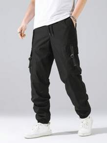 Chillumni Hombres Pantalones cargo con bolsillo lateral con solapa de cintura con cordón - Negro - Ver 1