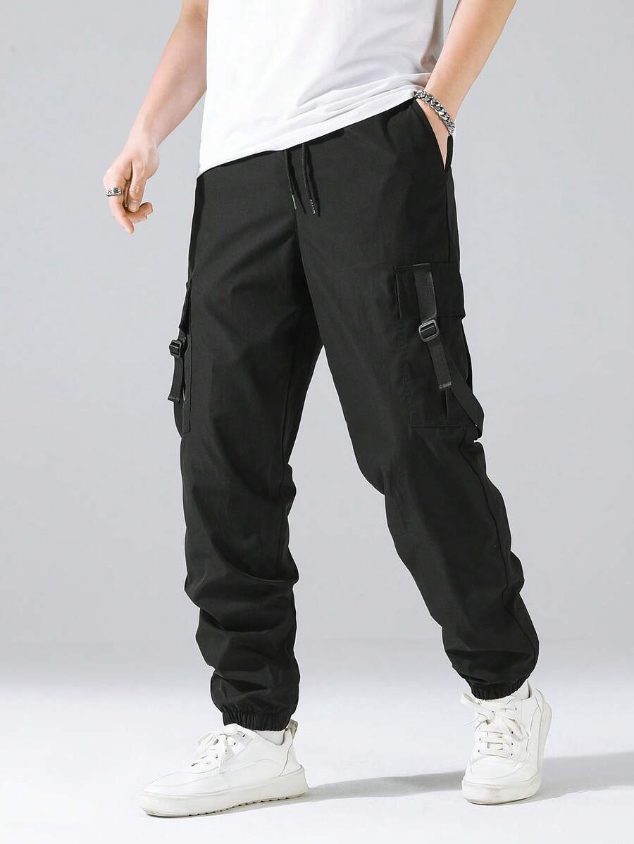 Chillumni Hombres Pantalones cargo con bolsillo lateral con solapa de cintura con cordón - Negro - Ver 1