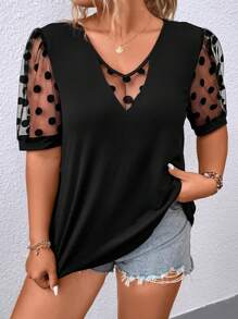 Calvaya Plus Contrast Dobby Mesh Puff Sleeve Tee - Black - View 1