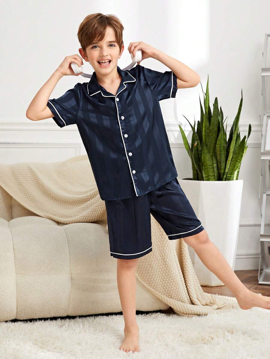 SHEIN 男孩拼接滾邊緞面睡衣套裝 - 藏蓝色 - 查看 1