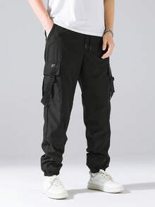 Chillumni Hombres Pantalones cargo con bolsillo lateral con solapa de cintura con cordón - Negro - Ver 3