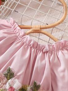 SHEIN 嬰兒貼花褶邊一字肩連衣裙 - 粉色 - 查看 3