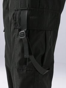Chillumni Hombres Pantalones cargo con bolsillo lateral con solapa de cintura con cordón - Negro - Ver 4