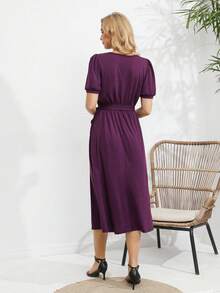 水溶蕾絲拼接泡泡袖繫腰帶洋裝 - 紫色 - 查看 2