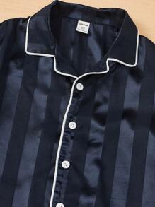 SHEIN 男孩拼接滾邊緞面睡衣套裝 - 藏蓝色 - 查看 3