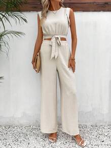 SHEIN Frenchy Bộ đồ hai mảnh nữ Nút Thắt nơ trước màu trơn Giải trí - Màu be - Xem 4