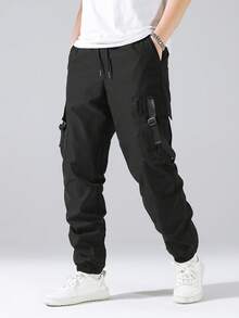 Chillumni Hombres Pantalones cargo con bolsillo lateral con solapa de cintura con cordón - Negro - Ver 5
