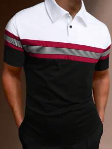 Manfinity Homme 男士條紋印花撞色POLO衫 - 黑色 - 查看 1
