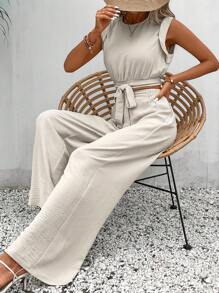 SHEIN Frenchy Bộ đồ hai mảnh nữ Nút Thắt nơ trước màu trơn Giải trí - Màu be - Xem 5