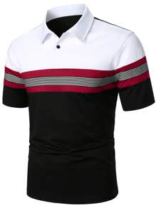 Manfinity Homme 男士條紋印花撞色POLO衫 - 黑色 - 查看 5