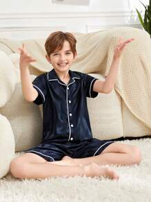 SHEIN 男孩拼接滾邊緞面睡衣套裝 - 藏蓝色 - 查看 6