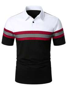 Manfinity Homme 男士條紋印花撞色POLO衫 - 黑色 - 查看 7