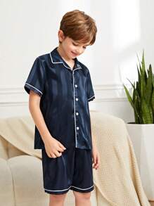 SHEIN 男孩拼接滾邊緞面睡衣套裝 - 藏蓝色 - 查看 8