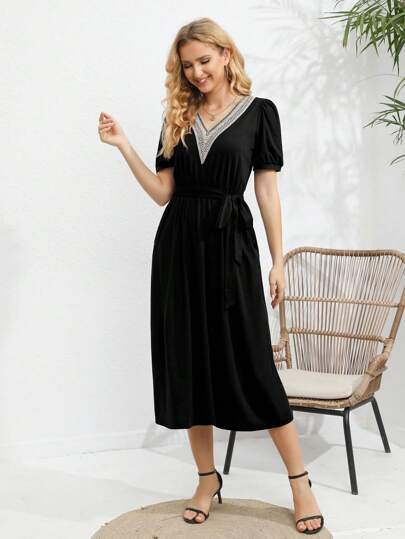 Guipure Lace Insert Puff Sleeve Belted Dress